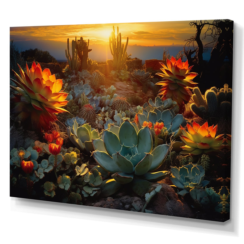 Succulent Desert Cactus Field Burning Sunset - Succulent Wall Art, H 34 po x l 44 po, Toile tendue, Sans cadre
