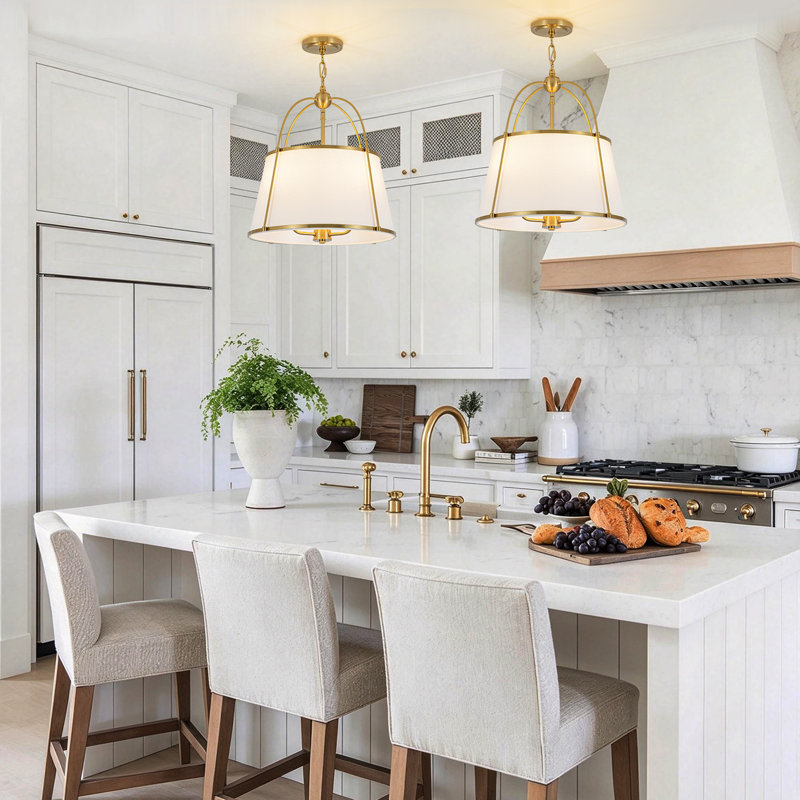 3-Light Modern Farmhouse Chandelier With Off-White Fabric Shade, 17.2'' H X 17'' W X 17'' D