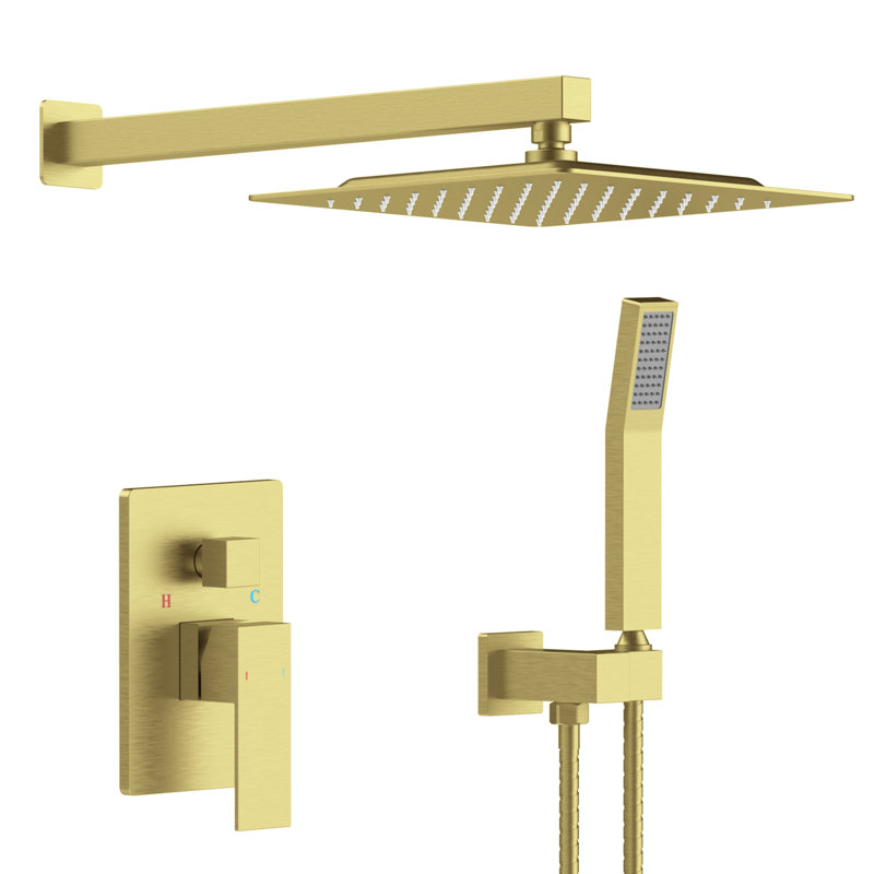 10" Wall Mounted Rainfall Shower Head with Handheld Shower and Rough-in Valve, Brushed Gold