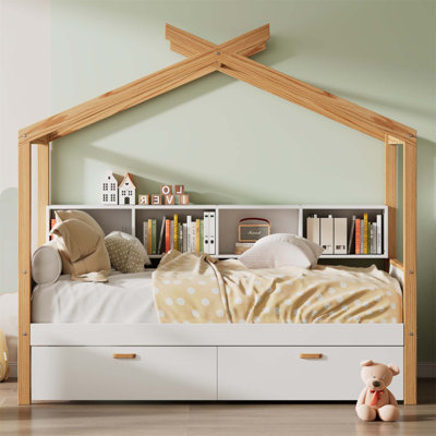 Wooden House Bed With Original Wood Frame, Two Drawers, And Bookshelf Storage For Children Or Guest Room