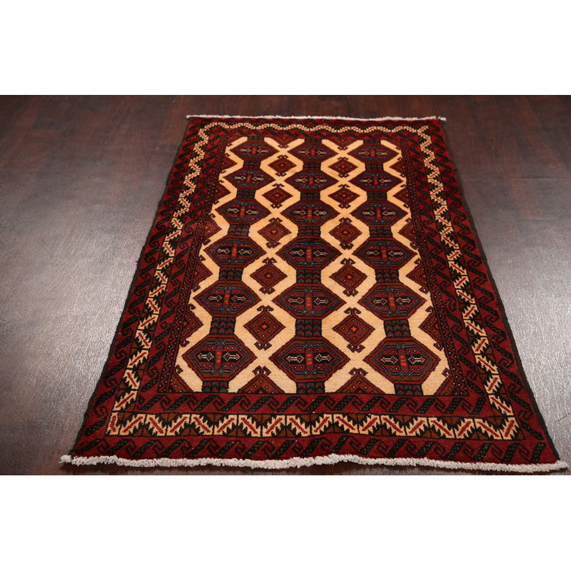 Tapis unique en laine noué à la main rouge et jaune nouvel âge Balouch 3 pi 5 po x 6 pi 2 po Tullahassee