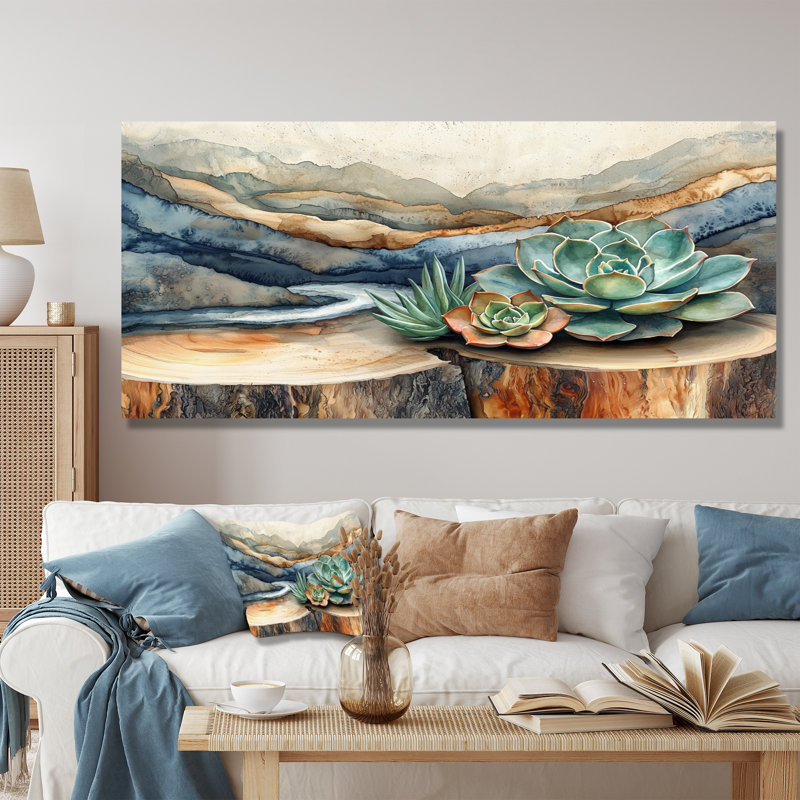 Succulent On A Top Of Wooden Slide River IV -Succulents Metal Wall Decor, H 28 po x l 60 po