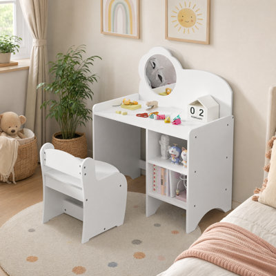 Ensemble de coiffeuse et de chaise pour enfants, coiffeuse pour tout-petits avec miroir en nuage et tablettes de rangement, bureau de maquillage pour enfants en bois pour salle de jeux, chambre à coucher, jeu de fantaisie