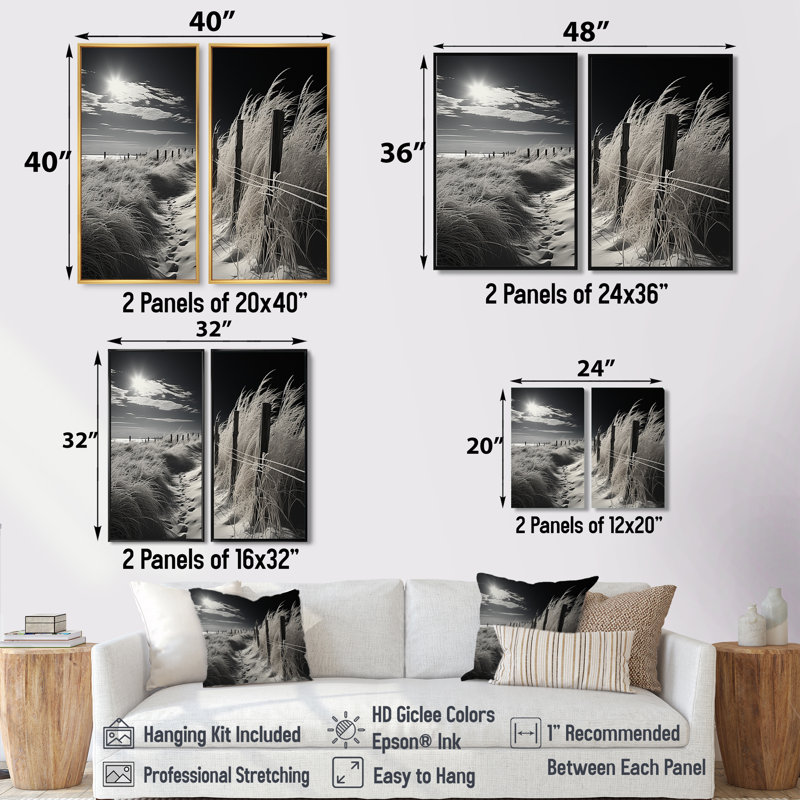 Horizon de plage noir et blanc - art mural côtier, Noir, H 36 po x l 48 po, Impression encadrée flottante