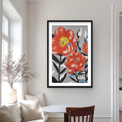 Fleurs roses avec feuilles bleues - reproduction d'art contemporaine encadrée