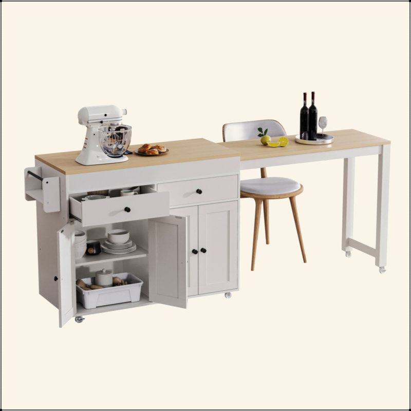 74.5 Inch Kitchen Island With Extendable Dining Table , Rolling Kitchen Island On Wheels With Spice Rack And 2 Drawers,  Kitchen Storage Cart With 4 Door Cabinet, For Kitchen, Dining Room