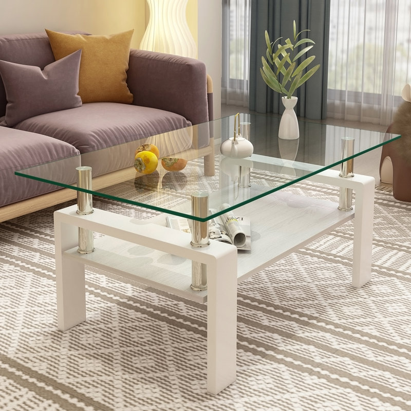 Table basse rectangulaire, plateau de table en verre trempé avec panneau de fibres à densité moyenne, Transparent, White
