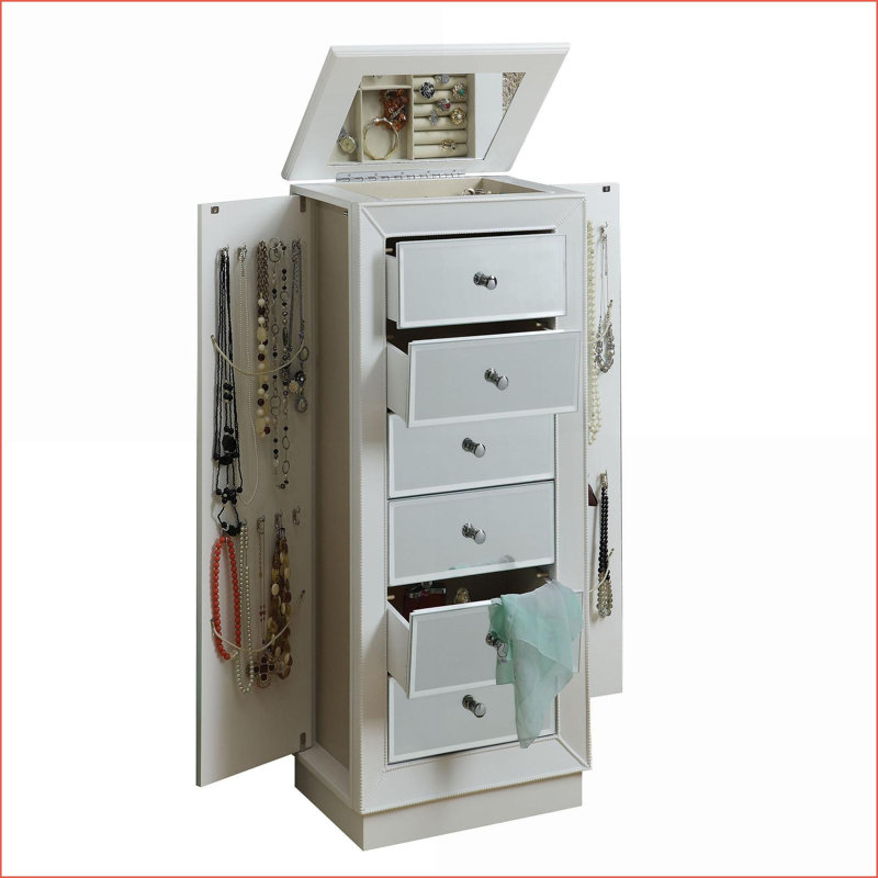 Armoire à bijoux 6 tiroirs blanc moderne avec miroir Tiroirs doublés de feutre | Blanc | Bois