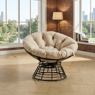 Chaise pivotante à 360 ° Papasan, chaise ergonomique ronde en osier avec coussin épais, structure en acier robuste pour le salon et la chambre à coucher, supporte 300 lb