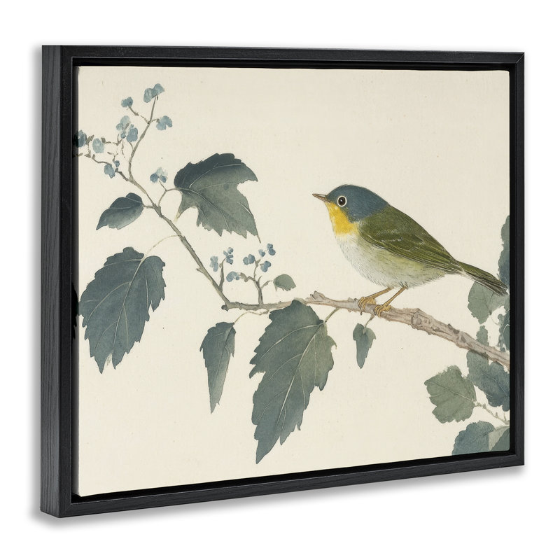 Blue Bird and Leaves Floating Frame, design by Petal Prints Design, 25" H x 31" W, Jet Black Floater Frame