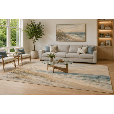 "Ultra Light Weight" Large 6'7" x 9'10"  Blue and Beige Coastal Shore Area Rug for Living Room, Soft Low Pile Carpet with Non-Slip Silicone Backing, Decor for Bedroom and Home Office