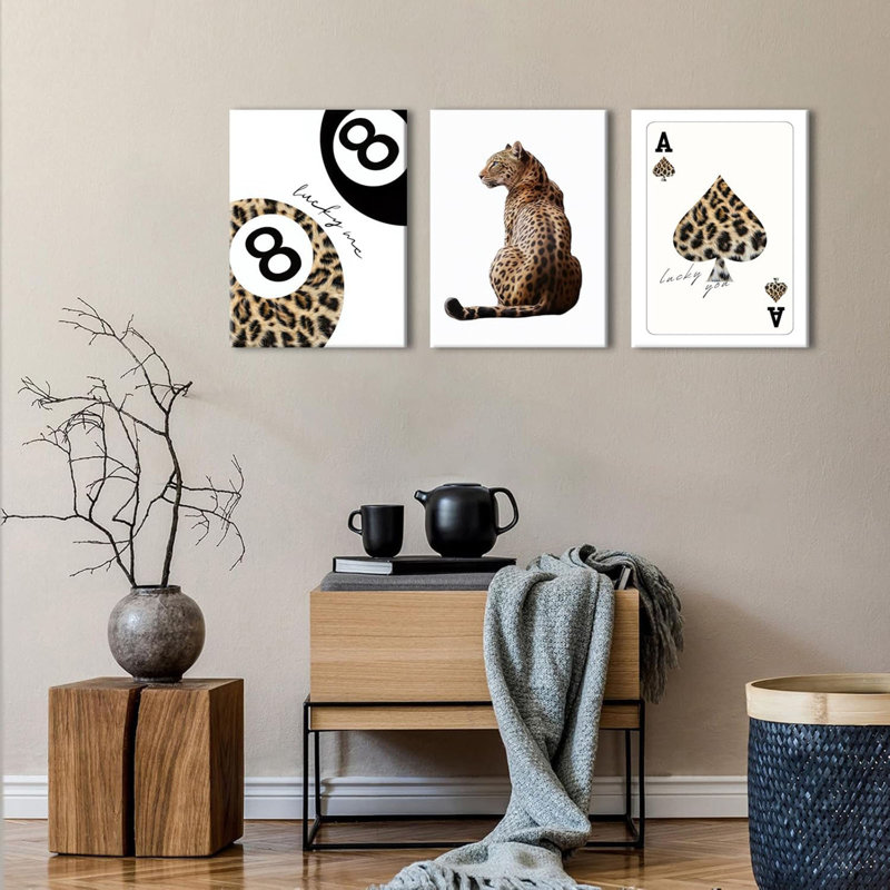 Tendance léopard, ensemble de 3 impressions murales sur toile - guépard, décorations murales Funky Lucky You, affiche 8 balles, peintures esthétiques BCBG