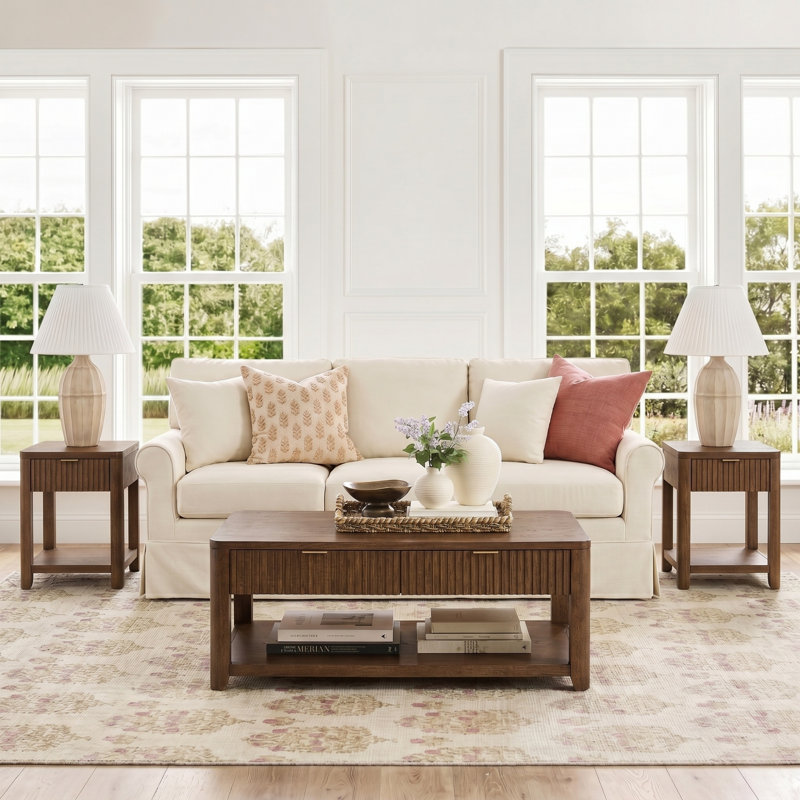 Jadida Francisco Modern 48'' W Oak Veneer Fluted Solid Wood Coffee Table with 2 Drawer, Walnut