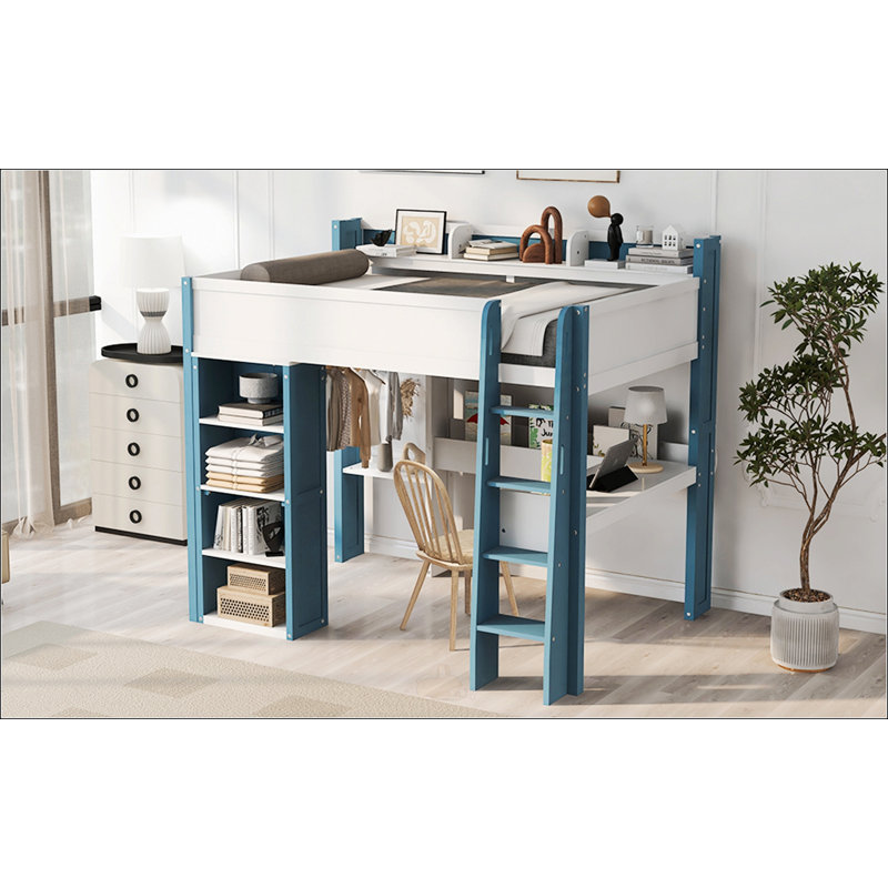 Lit mezzanine double avec tablettes de rangement intégrées