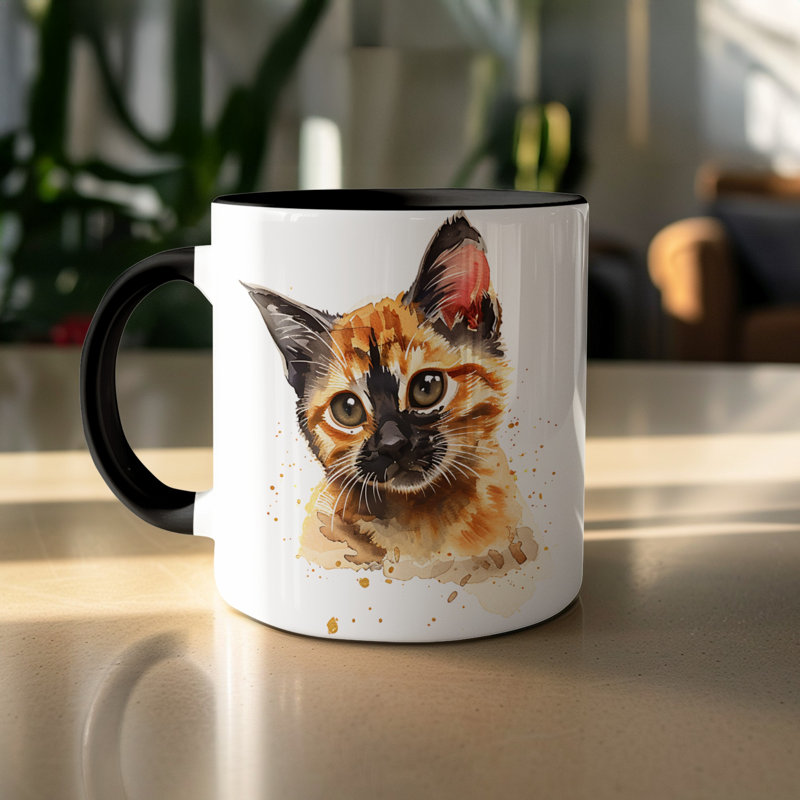 Cat Design 11oz Accent Mug – Ceramic Coffee Cup with Colored Handle and Interior, Black, 2