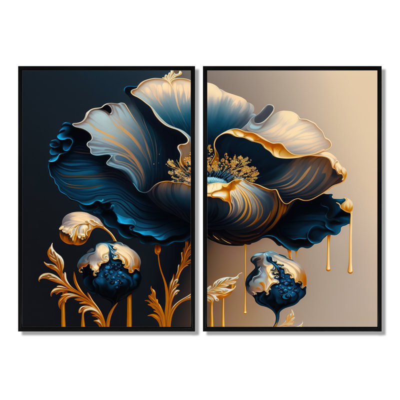 Bleu profond et fleur simple or V - impressions sur toile bleues 2 pièces, Noir, noir, noir, noir, H 36 po x l 48 po
