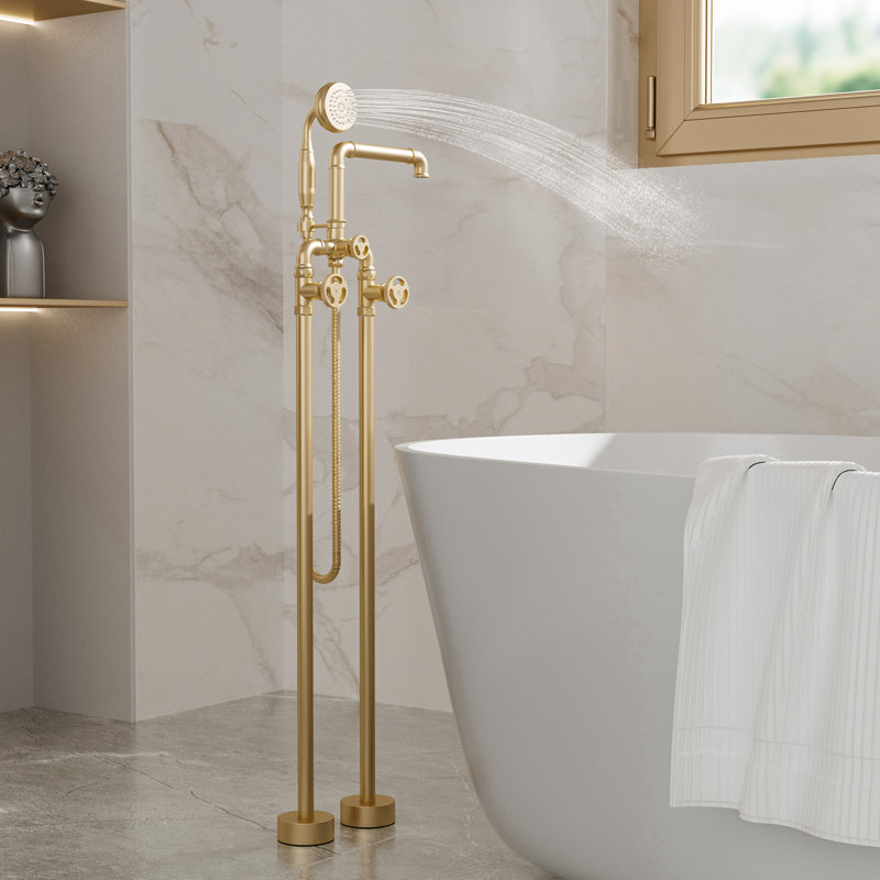 3 Handle Floor Clawfoot Tub Faucet with Diverter, Brushed Gold