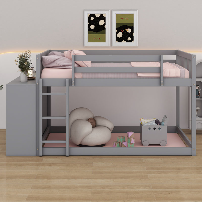 Lit superposé avec 4 tiroirs et 3 tablettes, Gris, Double sur double