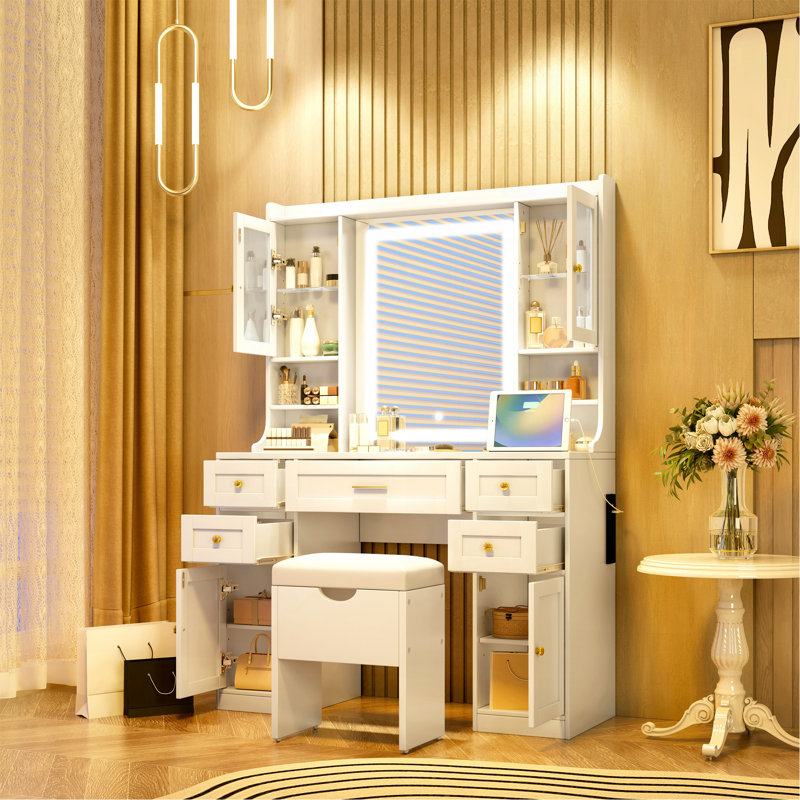 Meuble-lavabo de 41,4 po avec miroir et lumières, table de maquillage avec 5 tiroirs et 4 armoires, coiffeuse avec station de charge et tabouret de rangement rembourré pour la chambre à coucher, blanc