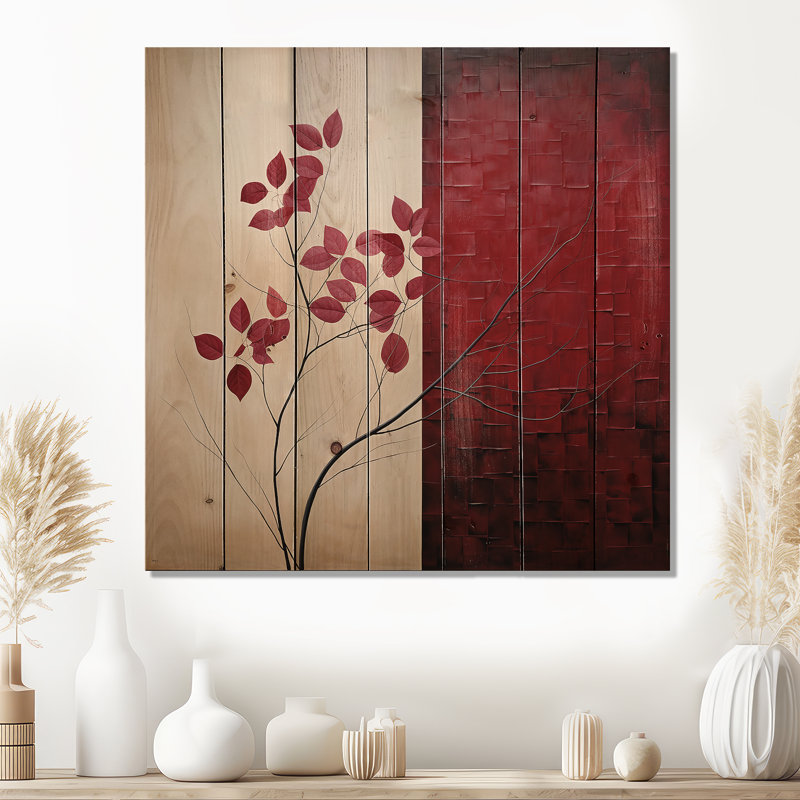 Bordeaux Bold Leaf I - Leaves Wood Wall Art On Natural Pine Wood, 36" H x 36" W