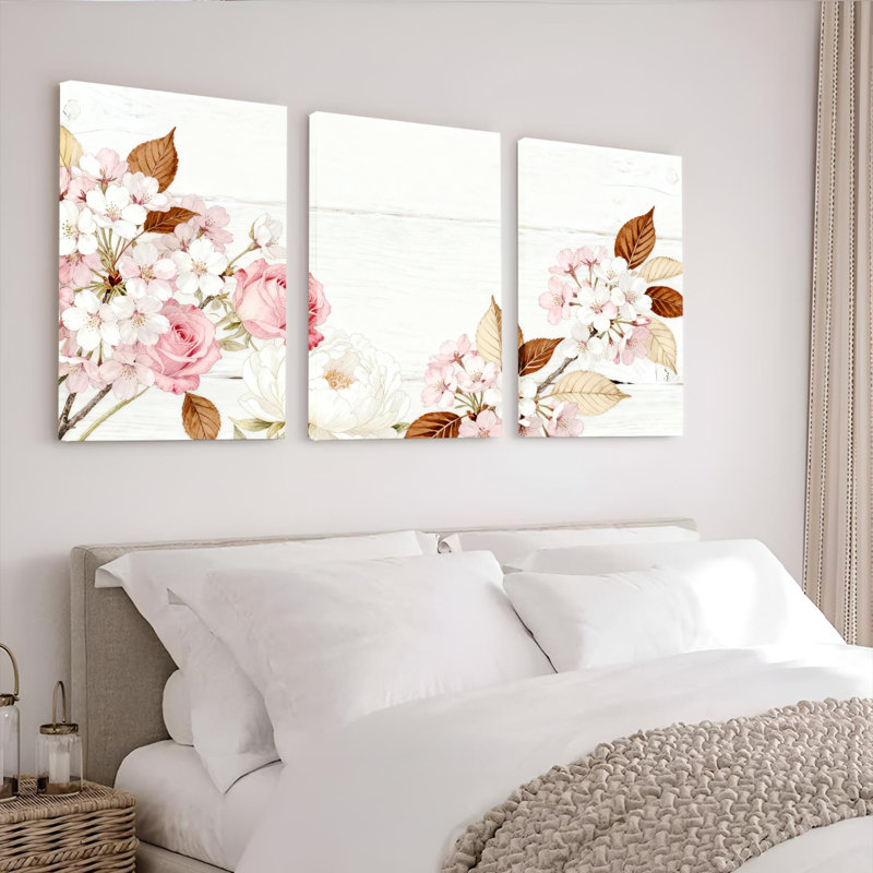 Fleur de cerisier et rose, reproduction d'art sur toile tendue, peinture botanique pastel douce (ensemble de 3)
