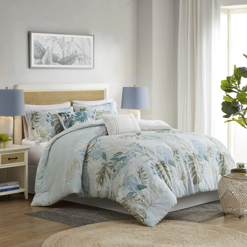 Édredon 6 pièces en coton bleu surdimensionné avec coussin décoratif - imprimé tropical pour une sensation côtière douillette, pièces complètes lavables et chambre vibrante