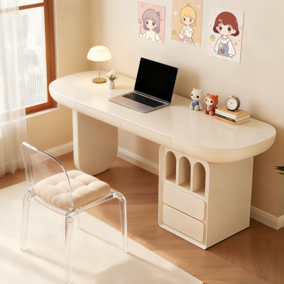 70.87'' Modern Cream-Colored Oval Desk for Work or Study with Ample Storage: 3 Open Arch Shelves & 4 Drawers