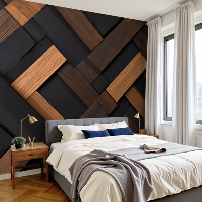 Peel and Stick Wallpaper Dark Wood Geometric Herringbone Interwoven Textured Panels Rustic Wall Murals 100"H x 144"W Removable PVC Wall Paper Self-Adhesive Wall Decor for Bedroom Living Room Home Office
