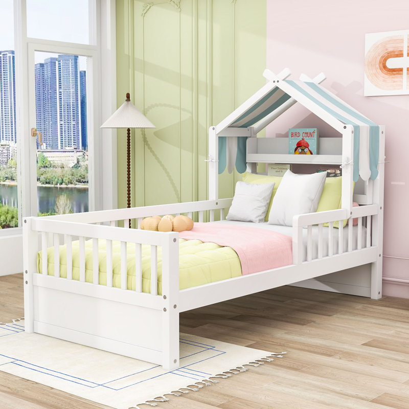 Wooden House Bed with Safety Guardrail, Twin, White
