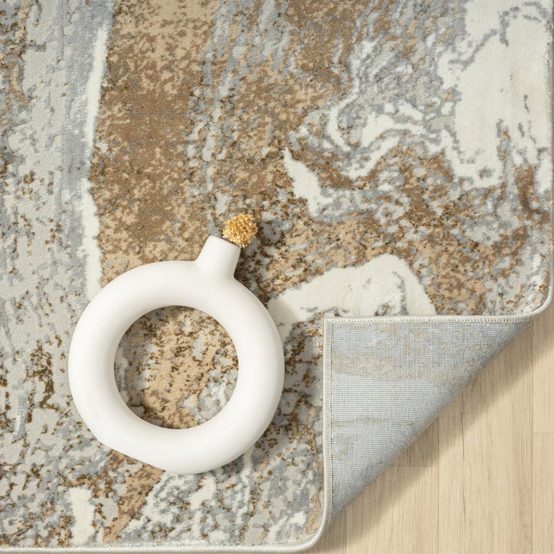 Tapis brun / beige à motif abstrait marbré, Rectangle 6 pi 5 po x 9 pi 3 po