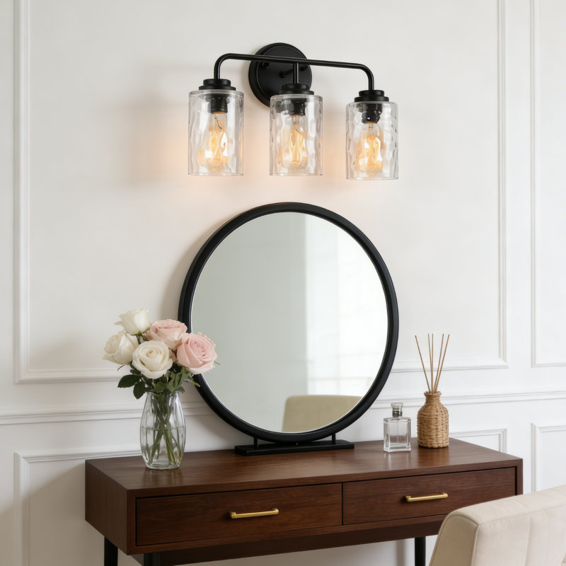 Modern 3-light Dimmable Matte Black Vanity Light With Glacier Glass Shades