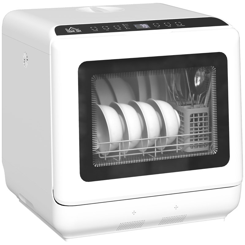 White Countertop Dishwasher 45 cm with 70°C High Temp Wash, Mini Portable Dishwasher with 6L Tank & 5 Programs including Fruit Wash, 4 Place Settings for Family – White