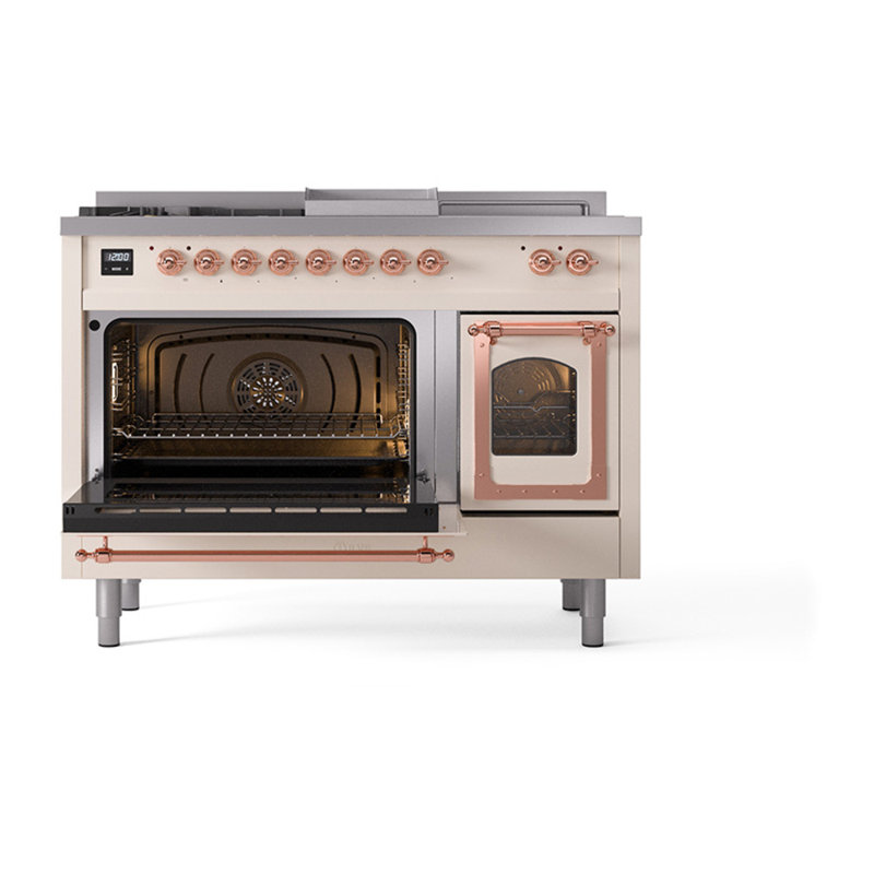 ILVE Nostalgie II Noblesse 48 inch Dual Fuel Range (5 Sealed Burners + Griddle + French Top, Triple Glass Door), Copper