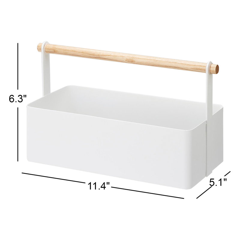 Yamazaki Home Tosca Storage Basket - Wood Handle Organizer - Steel + Wood, 6.3" H x 11.4" W x 5.1" D