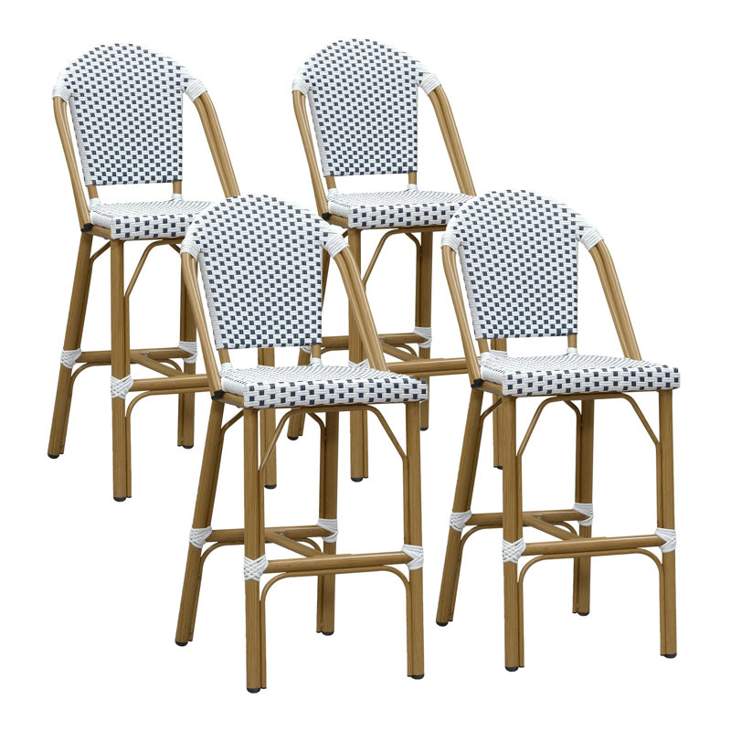 Ensemble de 2 tabourets de bar avec dossier en rotin, champagne / bambou, Orange / blanc, Bambou