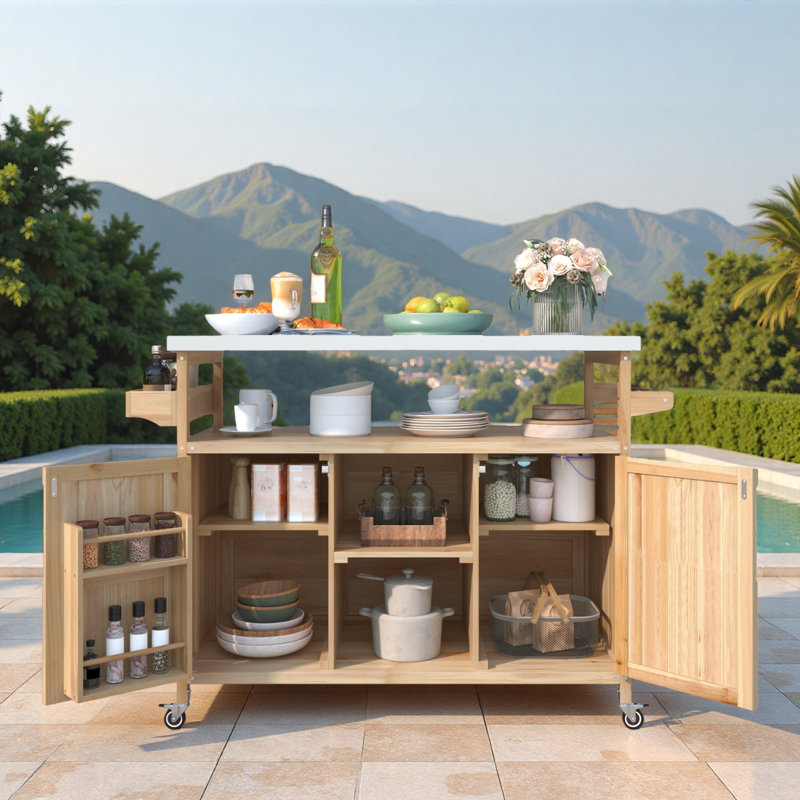 Îlot de cuisine extérieur avec armoire de rangement, plateau en acier inoxydable, support à épices et porte-serviettes