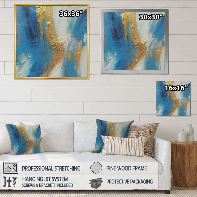 Sudden Sensuality - Turquoise abstrait et or - peinture murale abstraite, Cadre photo argenté, H 16 po x l 16 po x P 1 po