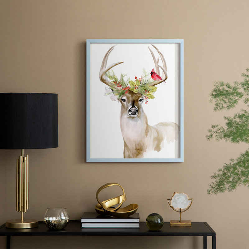 «Holiday Deer I», reproduction encadrée - bois massif, H 30 po x l 24 po, Bleu