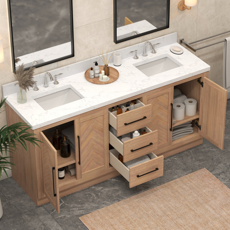 Vivian 72” Bathroom Vanity with Statuario Countertop, Light Brown