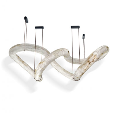 Lustre suspendu clair en cuir et acier albâtre clair