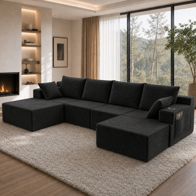 Canapé surdimensionné de 131 po sans os avec 2 repose-pieds, canapé modulaire en U confortable pour le salon, canapé Cloud avec porte-gobelets et poches latérales, sans assemblage