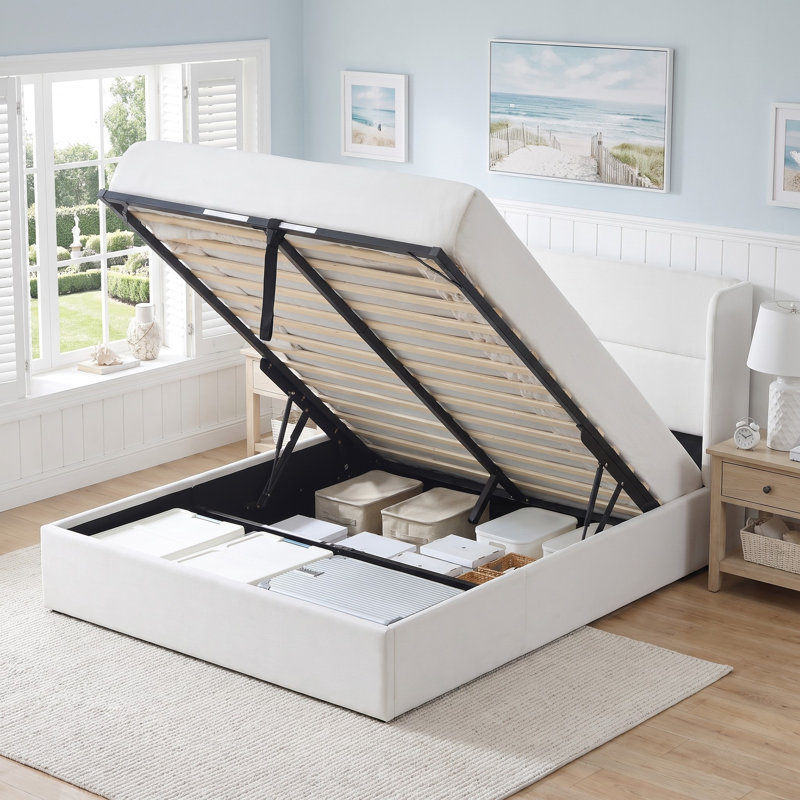 Lit plateforme tapissier avec rangement Gaillarde, Double, Crème