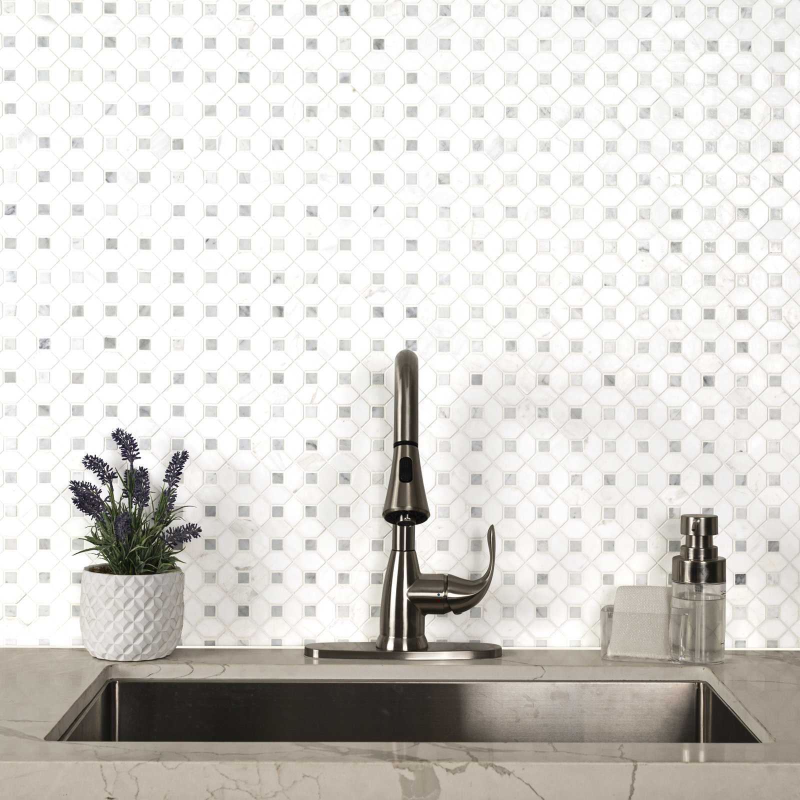 Geometric 13" x 13" Marble Mosaic Tile, Calabria Frost Gray