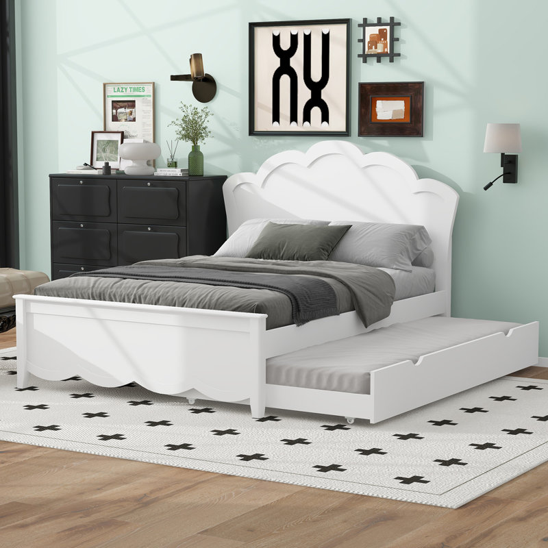 Lit plateforme double en bois avec tête de lit et lit gigogne simple, Lit double