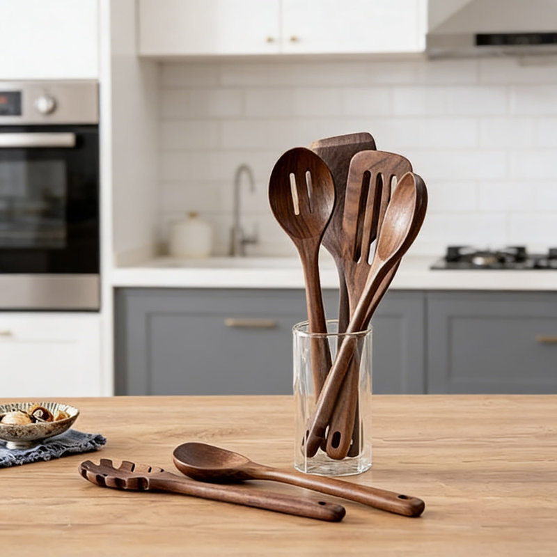 Ensemble d'ustensiles de cuisine en bois de noyer noir fait à la main, 6 cuillères et spatules de cuisson avec poignée longue pour batterie de cuisine antiadhésive, naturelle et non toxique