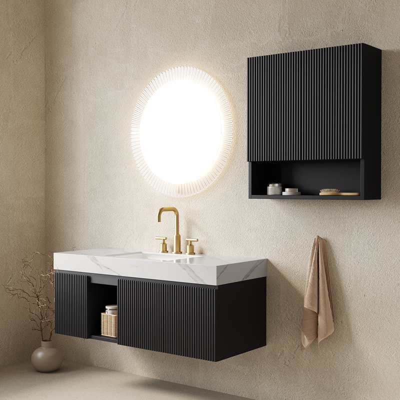 Ensemble meuble-lavabo suspendu EIDEN 48 + TOBI 26, avec rangement mural, comptoir en pierre frittée blanche de Carrare, vasques en céramique, 3 trous pré-percés pour robinetterie, robinetterie et bonde non inclus, coloris noir.