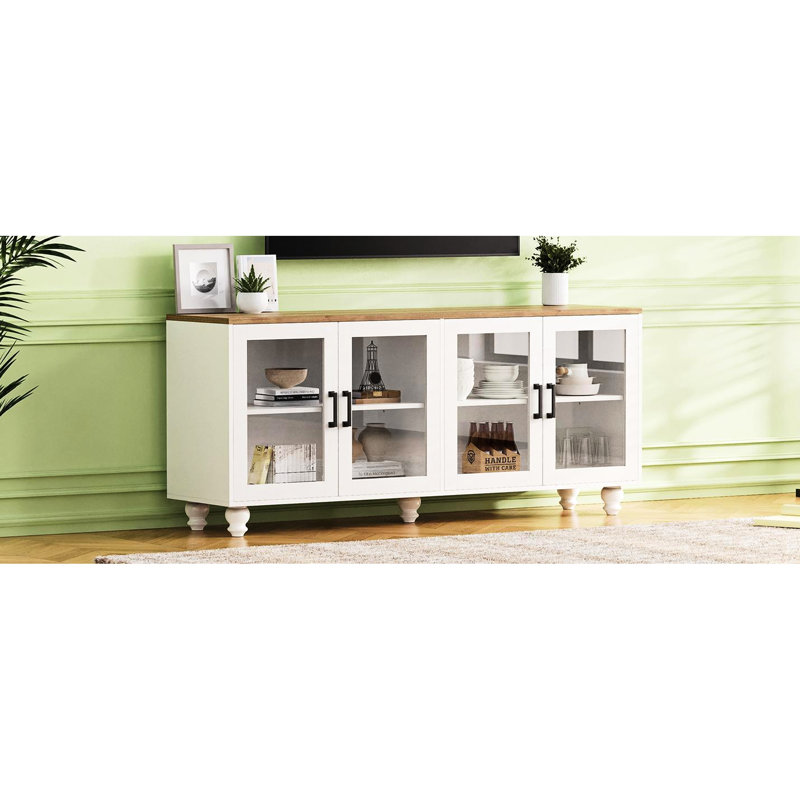 Buffet 70 po compatible avec téléviseur, mélange de noyer et blanc, pieds en forme de gourde, support de tablette réglable avec armoire-buffet en bois massif, portes en verre transparent, tablettes, salon