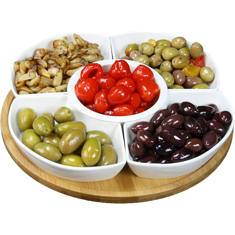 Elama 12 1/4in 5Piece Serving Dishes Lazy Susan Appetizer and Condiment Server Set with Bamboo Tray