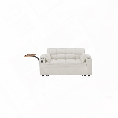 Canapé-lit chenille en tissu avec accoudoirs de rangement, port USB et table d'appoint