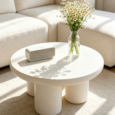 Modern Round Coffee Table, 27.5" Faux Marble End Table with Adjustable Feet, White MgO Outdoor Side Table with Rain Cover